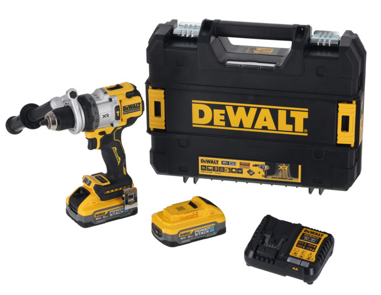 Dewalt Akumulatorowa bezszczotkowa wiertarko-wkrętarka z udarem DCD1007H2T-QW 18V XR 169Nm, 2 x akumulator 5.0 Ah Powerstack, ładowarka, walizka TSTAK