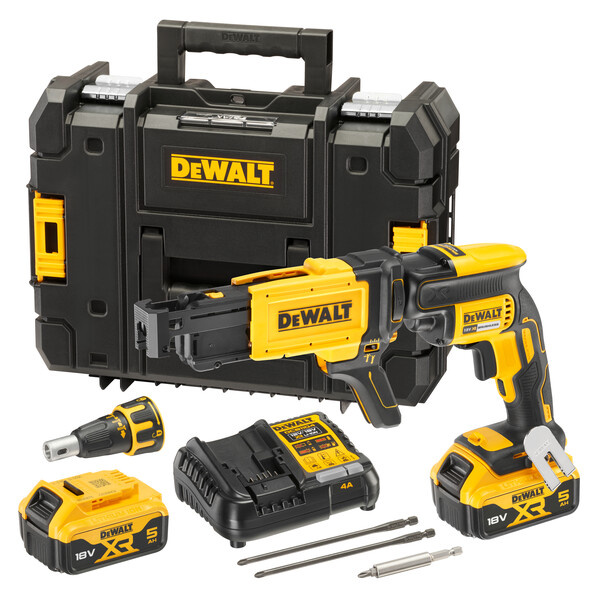 Dewalt Akumulatorowa wkrętarka do płyt G-K DCF620P2K-QW silnik bezszczotkowy 2 x 5.0 Ah , ładowarka, walizka w zestawie z magazynkiem pod wkręty na taśmie