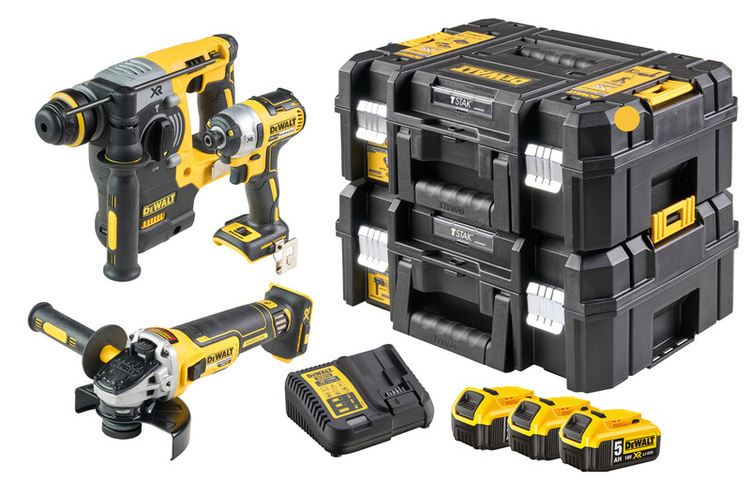 Dewalt Zestaw Combo 18V DCK305P3T-QW 18V XR (Zakrętak DCF887 + Młotowietarka DCH273 + Szlifierka kątowa DCG405 + 3 akumulatory DCB184 18V 5.0 Ah, ładowarka, 2 x walizka)